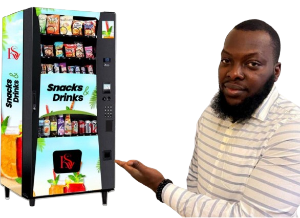 Kuazom founder presenting a modern touchscreen vending machine stocked with snacks and drinks